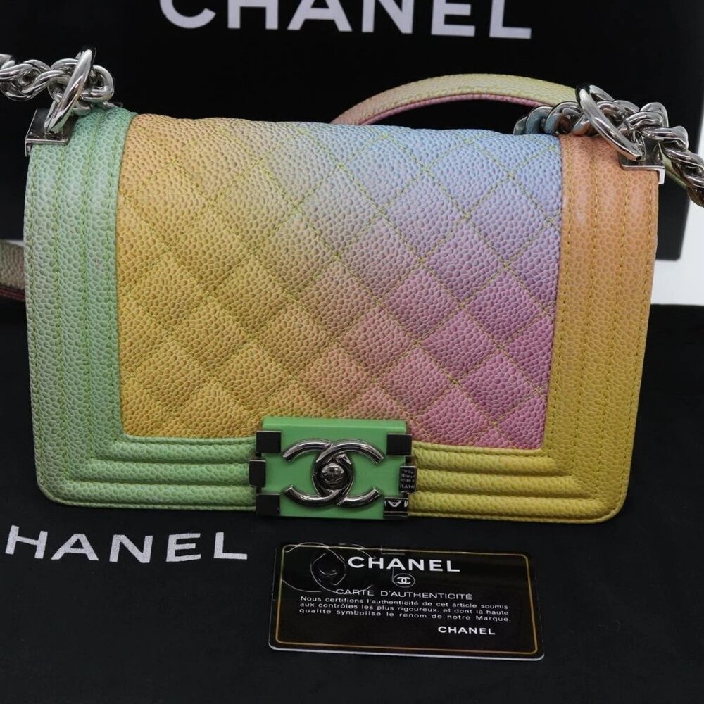 CHANEL Matelasse Boy Chanel Chain Shoulder Bag Leather Rainbow CC Auth 71579SM - Picture 2 of 15